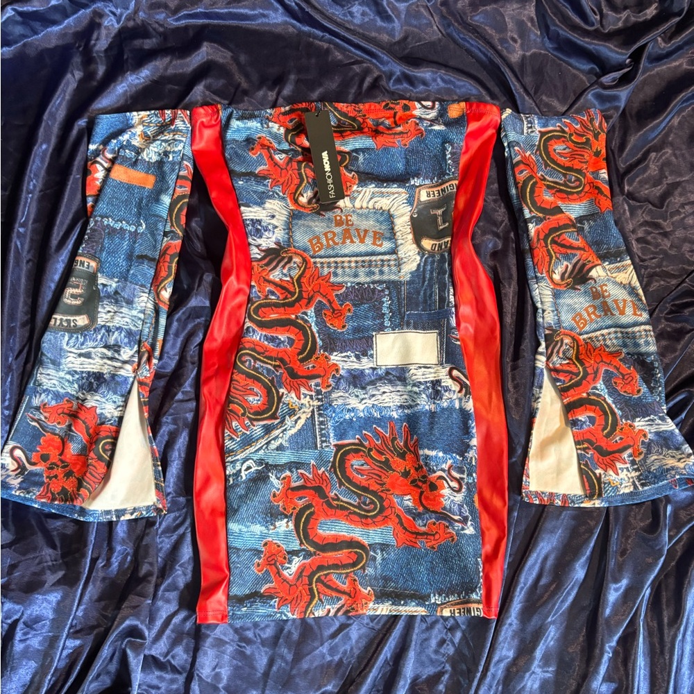 Fashion Nova Red and Blue Dragon Mini Dress